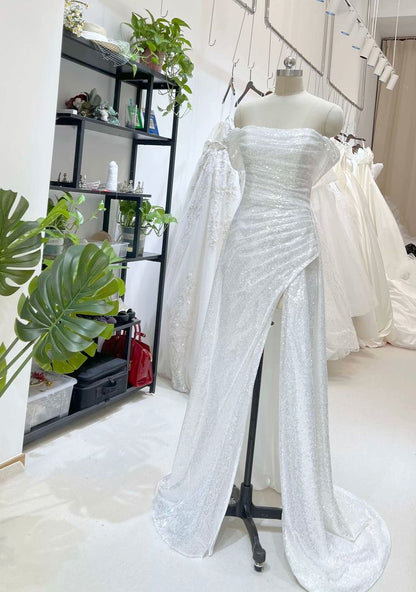 Vestido de fiesta largo de sirena con hombros descubiertos, satén blanco, lentejuelas y abertura, vestido de noche GG1448