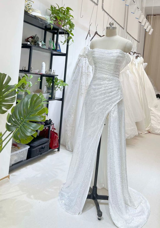 Vestido de fiesta largo de sirena con hombros descubiertos, satén blanco, lentejuelas y abertura, vestido de noche GG1448
