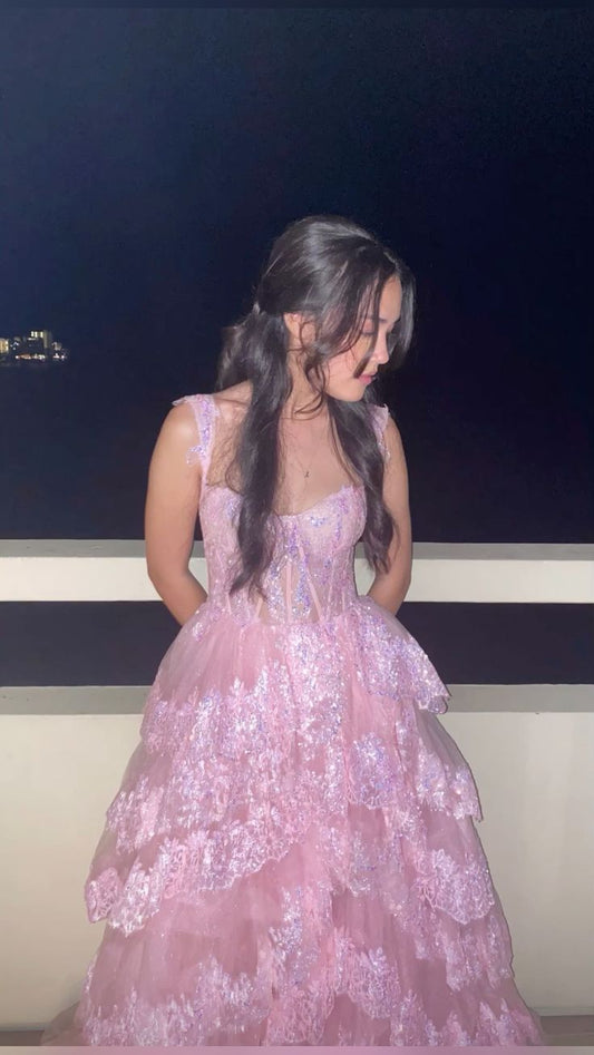 Vestido de fiesta largo con escote en forma de A, brillante, con escote en forma de corazón, de tul rosa con lentejuelas y capas, vestido de noche GG1463