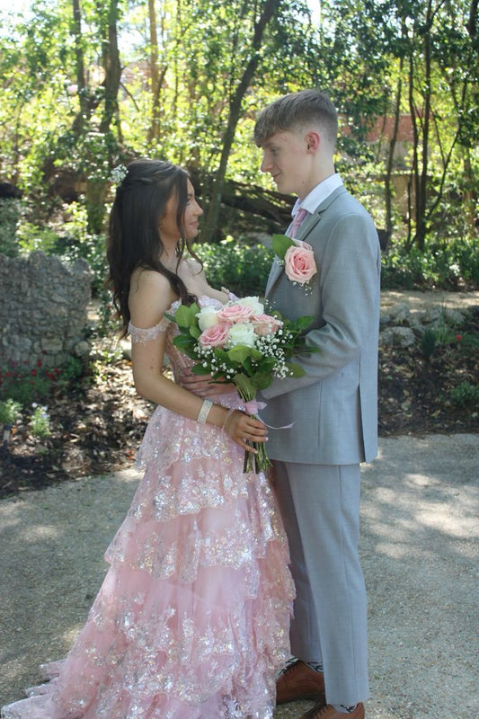 Vestido de fiesta largo con escote en forma de A, brillante, con escote en forma de corazón, de tul rosa con lentejuelas y capas, vestido de noche GG1463