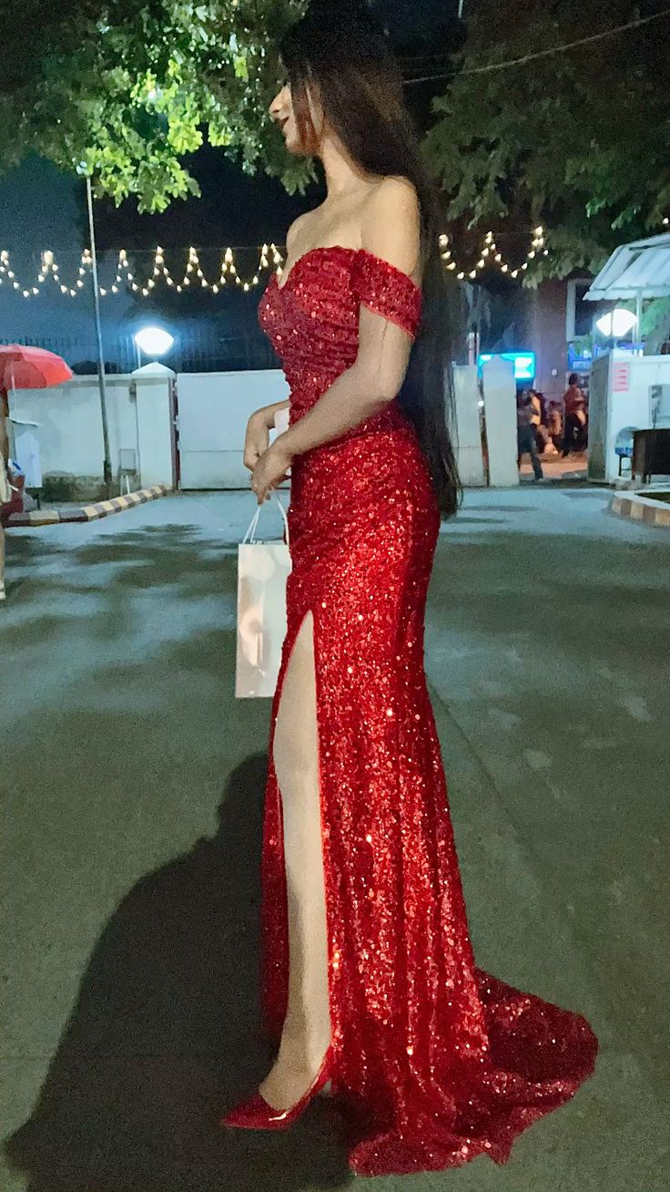 Vestido de fiesta largo de sirena con hombros descubiertos, satén rojo, lentejuelas y cuentas, con abertura, vestido de noche GG1483