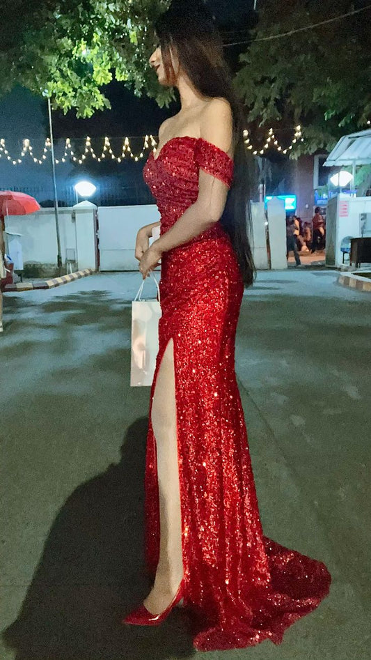 Vestido de fiesta largo de sirena con hombros descubiertos, satén rojo, lentejuelas y cuentas, con abertura, vestido de noche GG1483