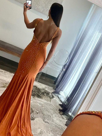 Hermoso vestido de fiesta largo de satén con escote en V y cuentas, vestido de noche GG1492