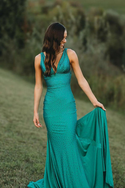 Hermoso vestido de fiesta largo de satén con escote en V y cuentas, vestido de noche GG1492