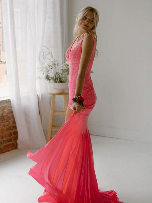 Hermoso vestido de fiesta largo de satén con escote en V y cuentas, vestido de noche GG1492