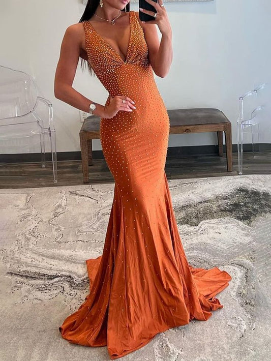 Hermoso vestido de fiesta largo de satén con escote en V y cuentas, vestido de noche GG1492