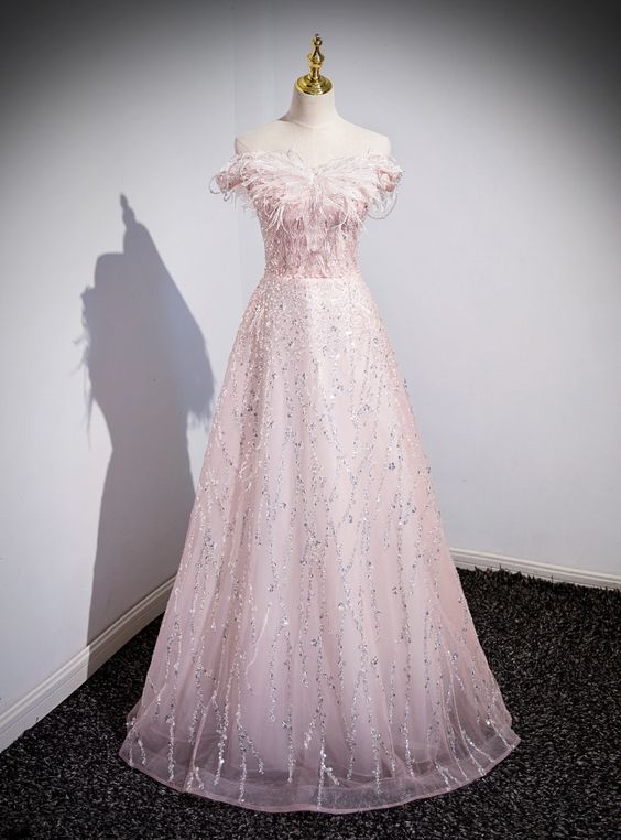 Elegante vestido de fiesta largo de tul rosa con lentejuelas y perlas, corte en A, hombros descubiertos, talla GG150