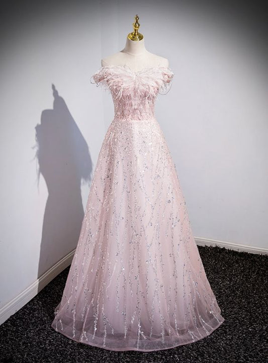Elegante vestido de fiesta largo de tul rosa con lentejuelas y perlas, corte en A, hombros descubiertos, talla GG150
