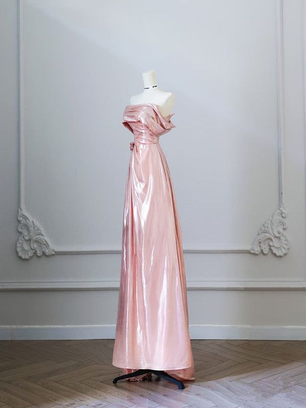 Hermoso vestido de fiesta largo de satén con hombros descubiertos y corte en A, vestido de noche GG1519