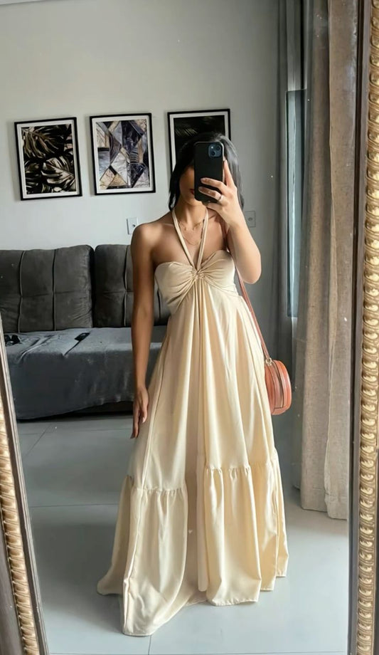 Vestido de fiesta largo de satén champán claro con escote halter y corte en A, vestido de noche GG1527