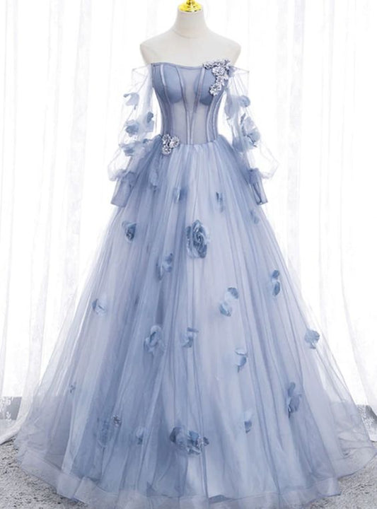 Elegante vestido de fiesta largo de tul color lavanda con hombros descubiertos y mangas largas, vestidos de noche GG154