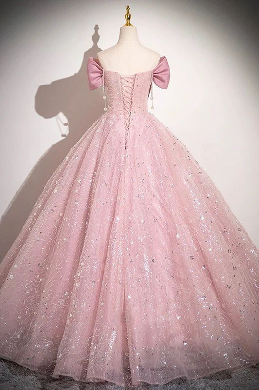 Elegante vestido de fiesta largo de tul con lentejuelas y lazo rosa, corte A, hombros descubiertos, vestidos de noche GG155