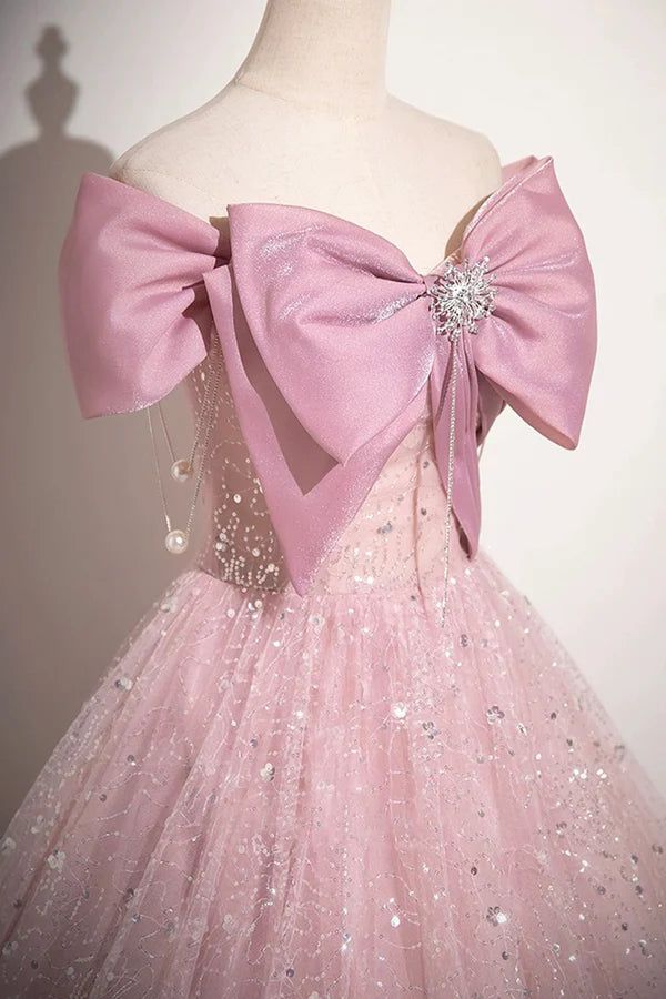 Elegante vestido de fiesta largo de tul con lentejuelas y lazo rosa, corte A, hombros descubiertos, vestidos de noche GG155