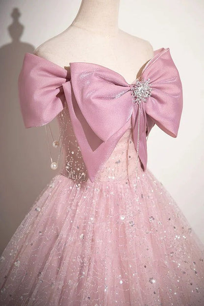 Elegante vestido de fiesta largo de tul con lentejuelas y lazo rosa, corte A, hombros descubiertos, vestidos de noche GG155