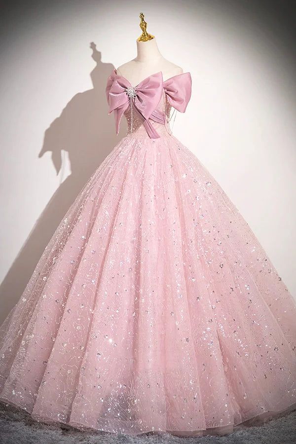Elegante vestido de fiesta largo de tul con lentejuelas y lazo rosa, corte A, hombros descubiertos, vestidos de noche GG155