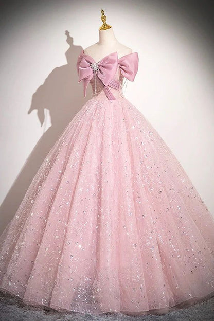 Elegante vestido de fiesta largo de tul con lentejuelas y lazo rosa, corte A, hombros descubiertos, vestidos de noche GG155