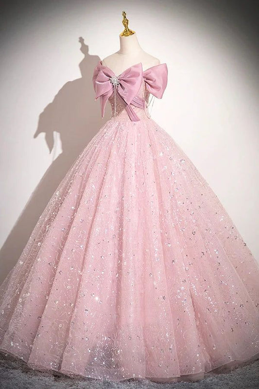 Elegante vestido de fiesta largo de tul con lentejuelas y lazo rosa, corte A, hombros descubiertos, vestidos de noche GG155