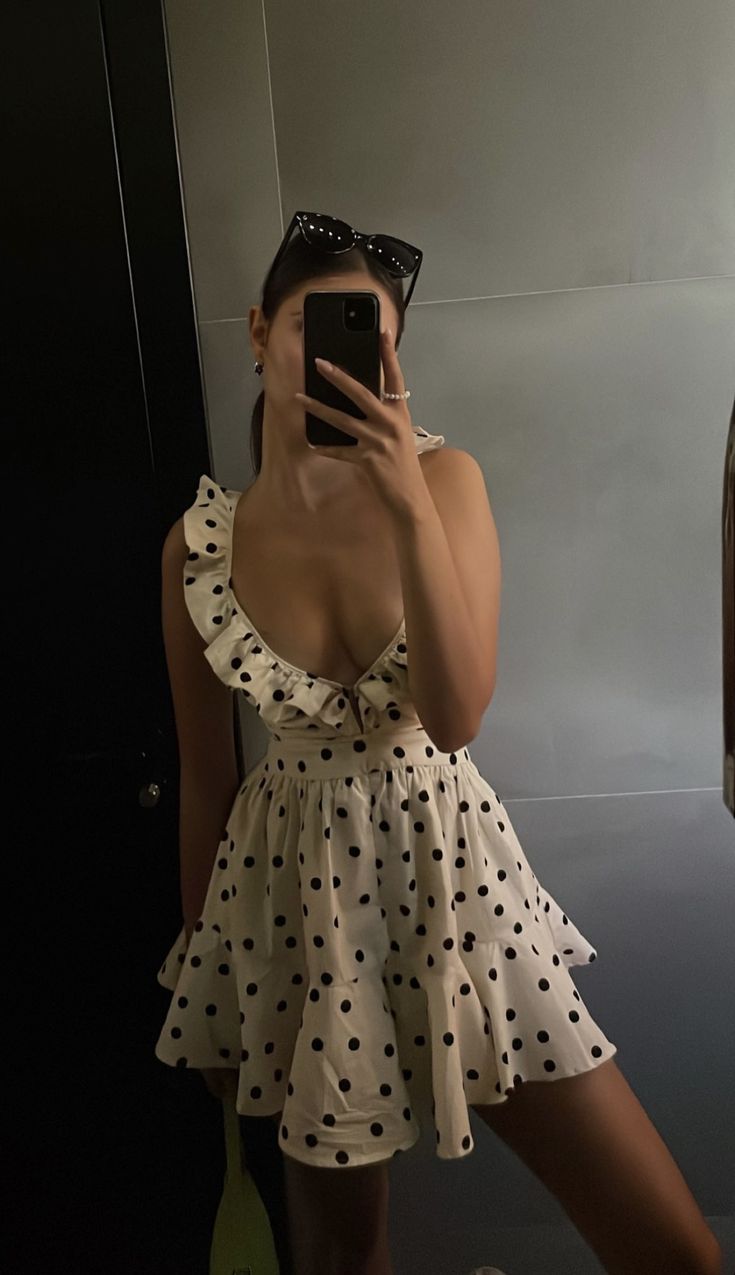 Vestido de fiesta corto de poliéster con cuello bajo y lunares blancos, corte A, para regreso a casa y noche, GG1550