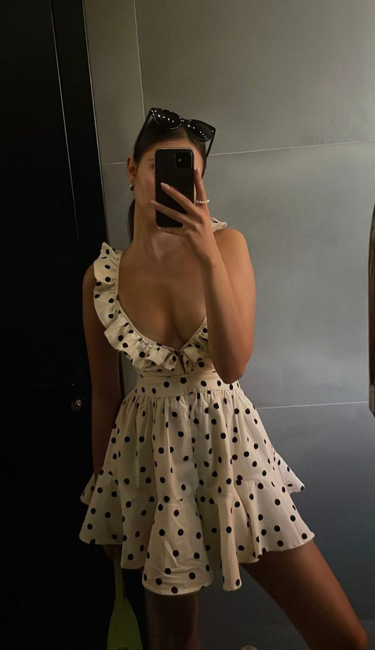 Vestido de fiesta corto de poliéster con cuello bajo y lunares blancos, corte A, para regreso a casa y noche, GG1550