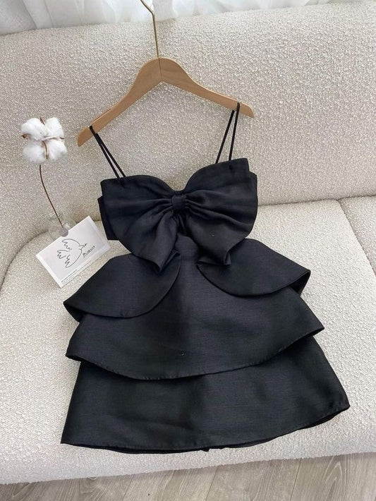Vestido de fiesta corto con escote en A, tirantes finos, lazo de satén y capas, vestido de regreso a casa o de noche GG1552