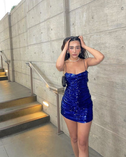Vestido de fiesta corto plisado con lentejuelas y satén azul oscuro con tirantes finos y corte sirena brillante, vestido de regreso a casa y vestido de noche GG1579