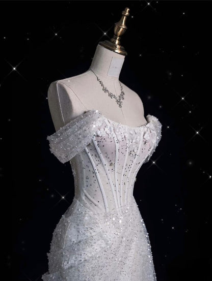Hermoso vestido de fiesta largo de sirena con hombros descubiertos, tul blanco con lentejuelas, vestido de novia y vestido de noche GG1610