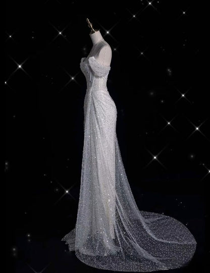 Hermoso vestido de fiesta largo de sirena con hombros descubiertos, tul blanco con lentejuelas, vestido de novia y vestido de noche GG1610