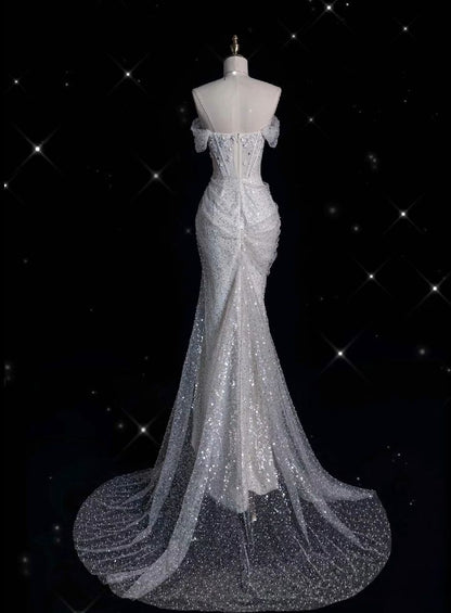 Hermoso vestido de fiesta largo de sirena con hombros descubiertos, tul blanco con lentejuelas, vestido de novia y vestido de noche GG1610