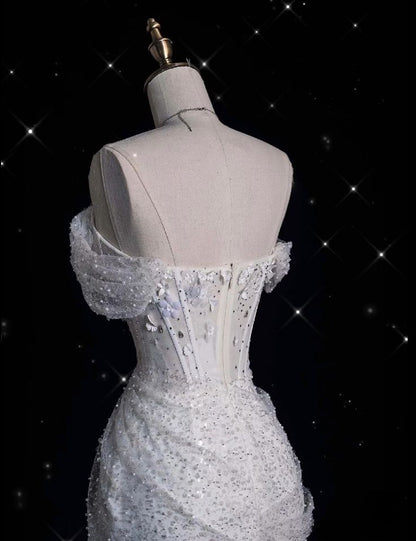 Hermoso vestido de fiesta largo de sirena con hombros descubiertos, tul blanco con lentejuelas, vestido de novia y vestido de noche GG1610