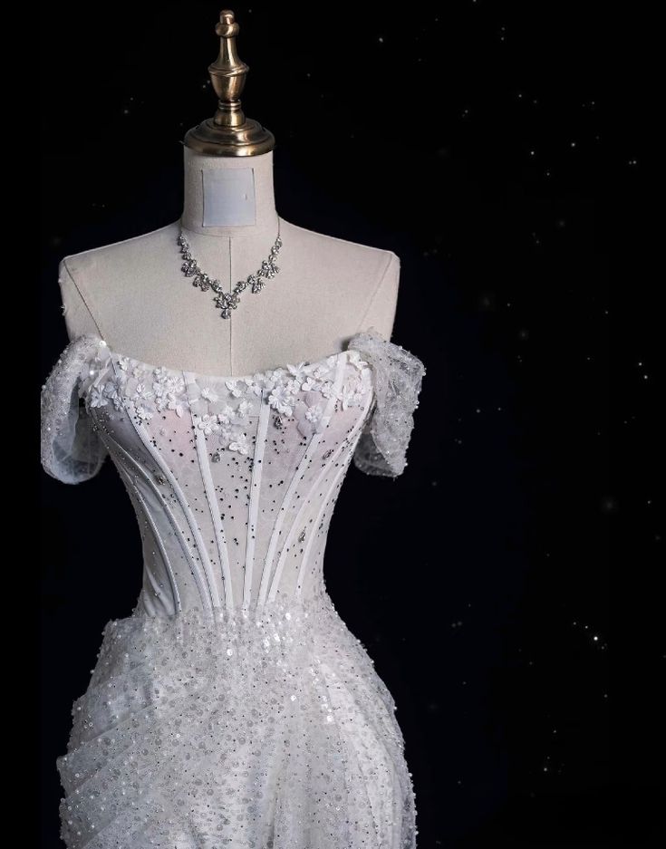 Hermoso vestido de fiesta largo de sirena con hombros descubiertos, tul blanco con lentejuelas, vestido de novia y vestido de noche GG1610