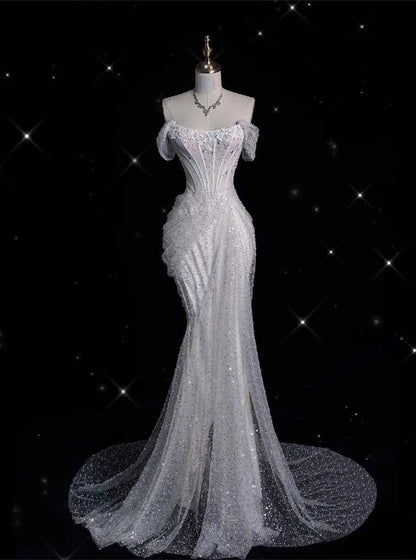 Hermoso vestido de fiesta largo de sirena con hombros descubiertos, tul blanco con lentejuelas, vestido de novia y vestido de noche GG1610