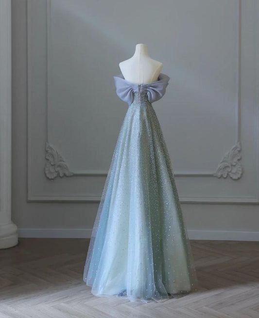 Hermoso vestido de fiesta largo de tul con cuentas y hombros descubiertos, vestido de noche GG1629