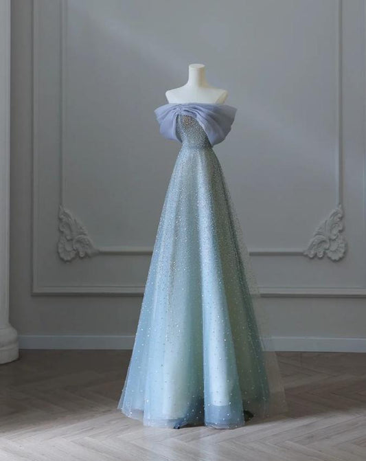 Hermoso vestido de fiesta largo de tul con cuentas y hombros descubiertos, vestido de noche GG1629