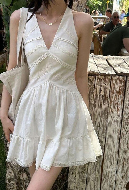 Hermoso vestido de fiesta corto de satén blanco con escote halter y corte en A, vestido de noche GG1702