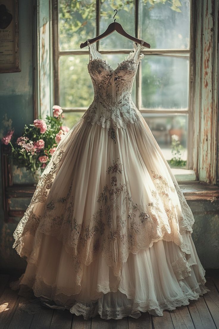 Vestido de fiesta vintage con tirantes finos, escote en V, color marfil, tul, apliques, largo, para fiesta, boda o noche, GG1718
