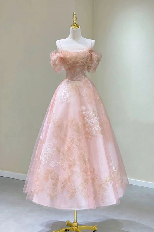 Vestido de fiesta largo de encaje rosa con apliques y hombros descubiertos, corte en A, tirantes finos, talla GG173