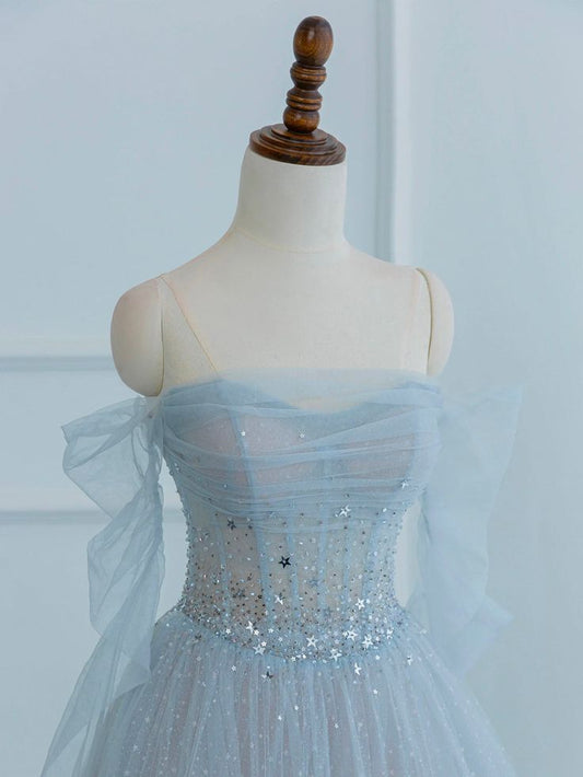 Vestido de fiesta largo azul claro con hombros descubiertos, tul y lentejuelas, manga larga, corte A brillante, vestidos de noche de manga larga GG174