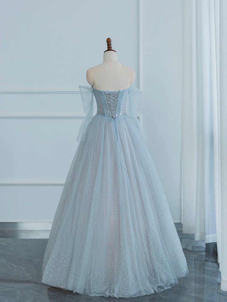 Vestido de fiesta largo azul claro con hombros descubiertos, tul y lentejuelas, manga larga, corte A brillante, vestidos de noche de manga larga GG174
