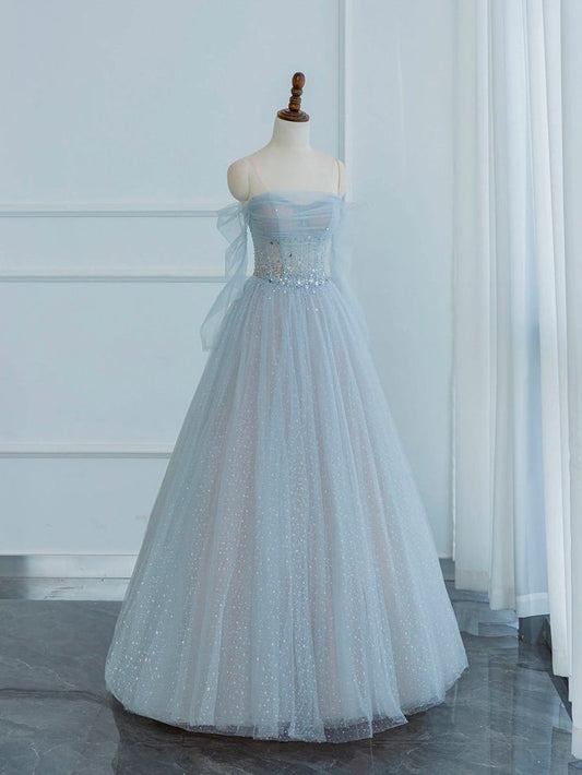 Vestido de fiesta largo azul claro con hombros descubiertos, tul y lentejuelas, manga larga, corte A brillante, vestidos de noche de manga larga GG174