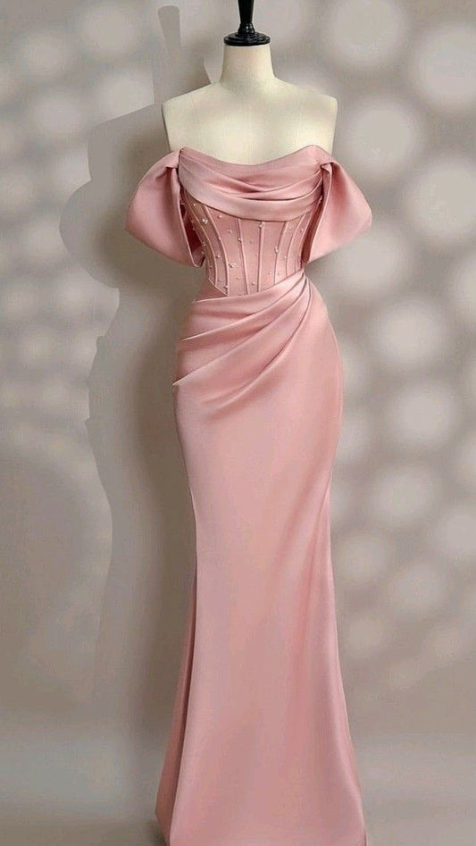 Elegante vestido de fiesta largo plisado de satén rosa con hombros descubiertos y corte sirena, vestido de noche GG1753