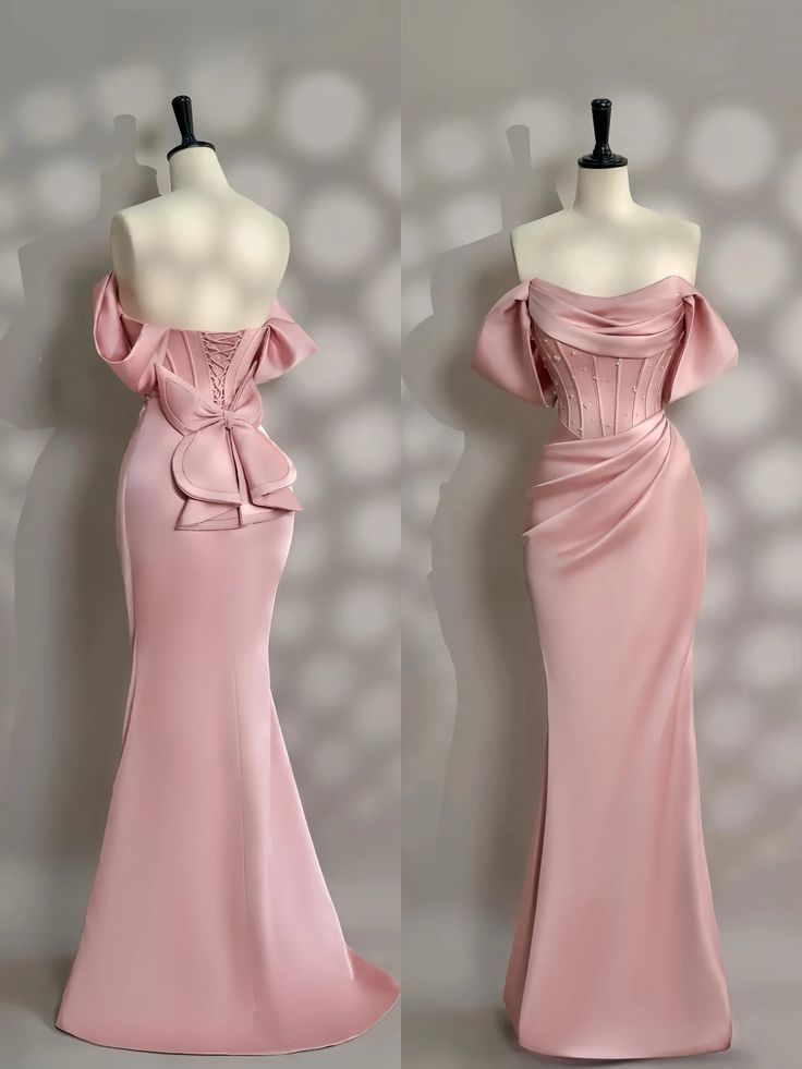 Elegante vestido de fiesta largo plisado de satén rosa con hombros descubiertos y corte sirena, vestido de noche GG1753