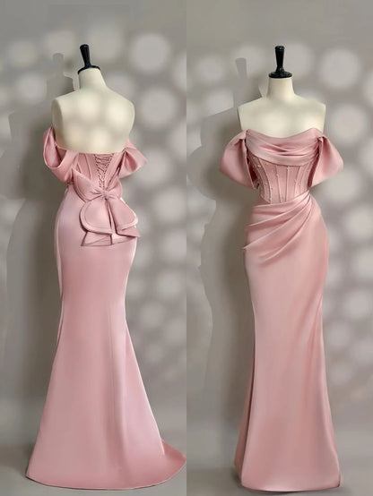 Elegante vestido de fiesta largo plisado de satén rosa con hombros descubiertos y corte sirena, vestido de noche GG1753