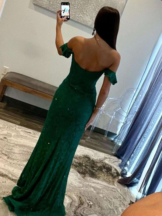 Hermoso vestido de fiesta largo de satén con encaje y hombros descubiertos, estilo sirena, vestido de noche GG1758