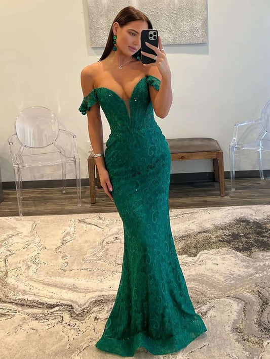 Hermoso vestido de fiesta largo de satén con encaje y hombros descubiertos, estilo sirena, vestido de noche GG1758