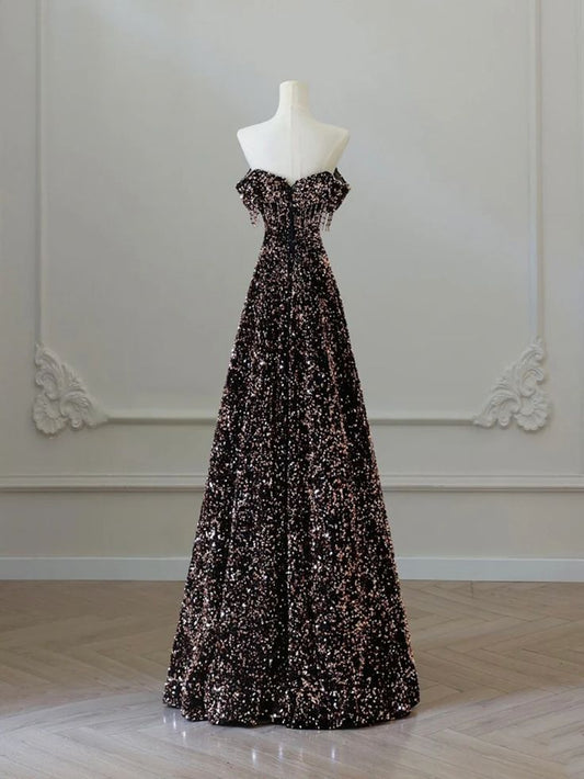 Vestido de fiesta largo elegante con escote en forma de A y lentejuelas color café dorado, escote corazón y hombros descubiertos, vestido de noche color café dorado GG176