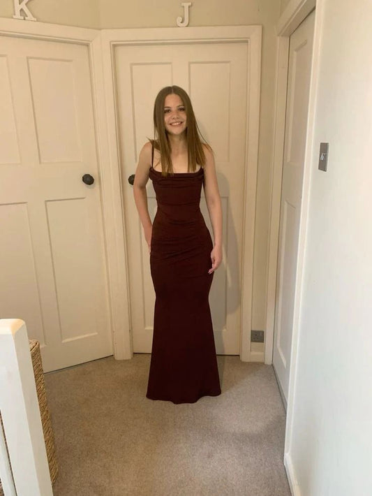 Simple Mermaid Spaghetti Straps Burgundy Satin Long Prom Dress,Evening Dress GG1767