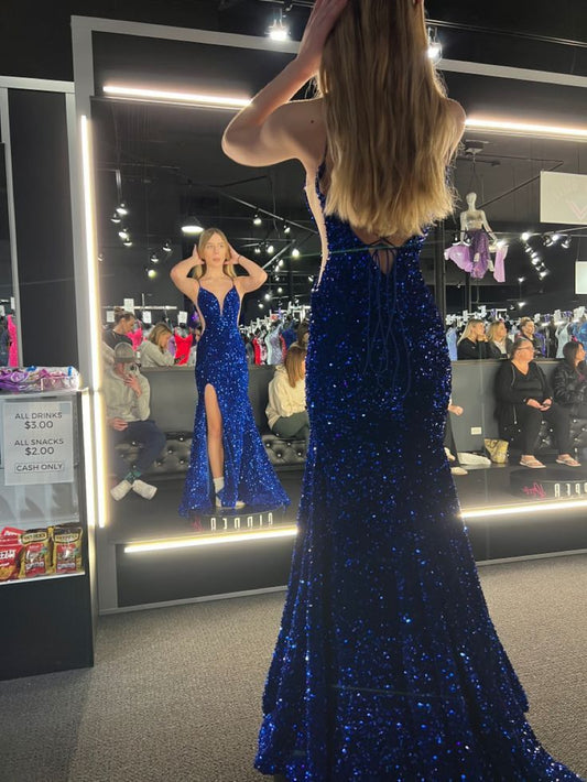Shiny Mermaid Spaghetti Straps Royal Blue Sequin Slit Long Prom Dress,Evening Dress GG1788