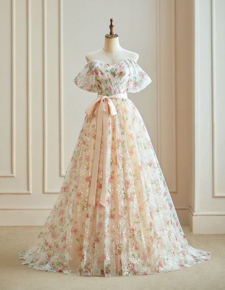 Elegante vestido de fiesta largo de tul con hombros descubiertos y estampado floral y lentejuelas, vestido de noche GG180