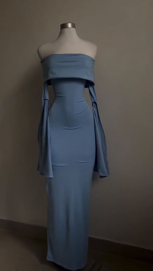 Vestido de fiesta elegante de sirena con hombros descubiertos, satén azul cielo, mangas largas, vestido de noche GG1801