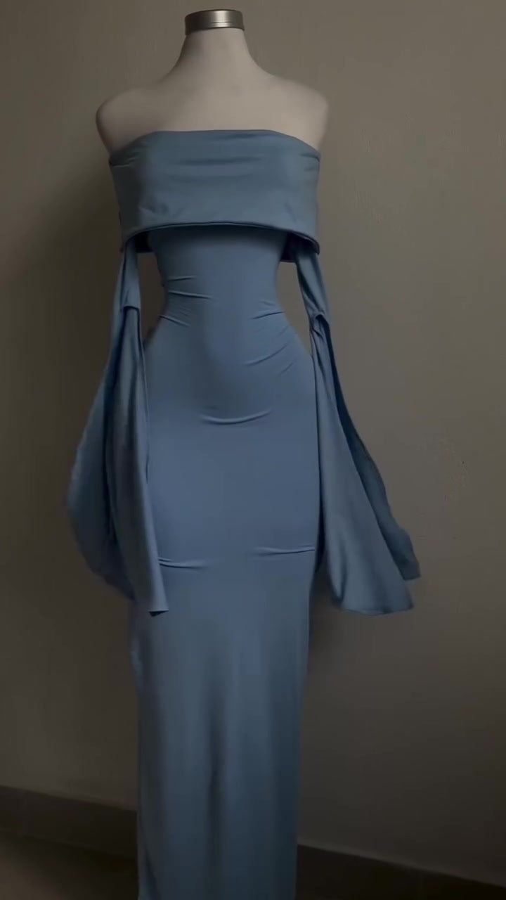 Vestido de fiesta elegante de sirena con hombros descubiertos, satén azul cielo, mangas largas, vestido de noche GG1801